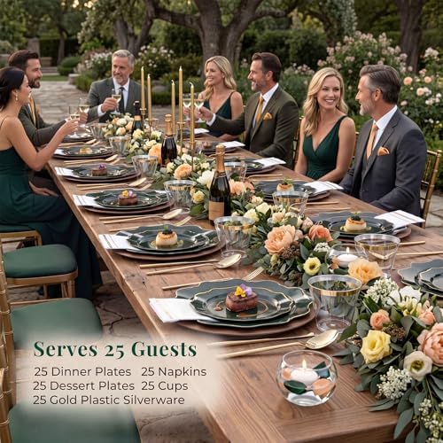 WDF 175Pcs Green Plastic Plates - Green Plates Disposable with Gold Rim - Christmas Plastic Plate - Fancy Disposable Dinnerware Sets 25 Guests Ideal for Holidays/Christmas/Party/Wedding/Birthday - Image 2