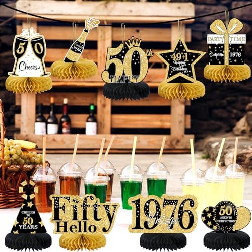 9 Pcs 50th Birthday Decorations Honeycomb Centerpieces for Women Men, Black Gold 1976 Aged to Perfection Vintage Centerpieces for Tables Toppers,Fifty Years Party Decorations Supplies - Image 5
