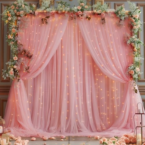 20x10ft Dusty Rose Tulle Backdrop Curtain with Lights String for Parites, Sheer Photo Backdrop Curtains with Lights for Wedding Backdrop Ceremony Reception Bridal Shower Baby Shower Birthday Party by PartyTalk