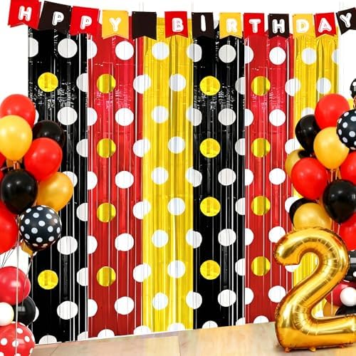 2 Packs Red Black Yellow Foil Fringe Curtain, Mouse Polka Dots Glitter Metallic Tinsel Backdrop for Birthday Baby Shower Cartoon Mouse Party Decorations Supplies by BSRESIN