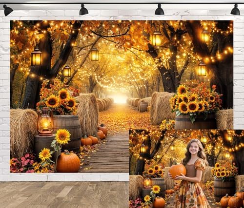 Fall Photo Backdrop, Autumn Forest Scenery Maple Leaves Pumpkins Sunflowers Photography Background, Fall Farm Harvest Thanksgiving Day Friendsgiving Party Decorations Photo Booth 5X3FT by Unknown