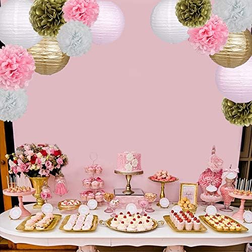 Paper Lanterns Paper Pom Poms Pink and Gold Party Decorations 15pcs - Image 5