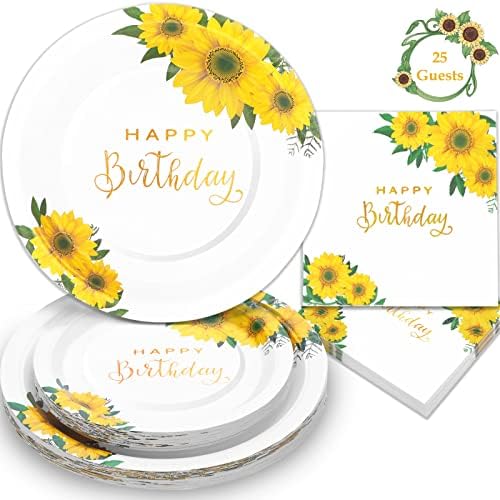 Sunflower Birthday Decorations for Women, Happy Birthday Plates and Napkins for Women Girl, Sunflower Party Decorations Serves 25, Thanksgiving Fall Party Decorations by Gudvilla