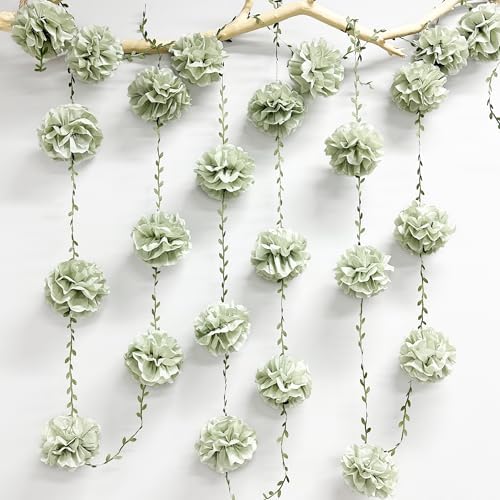 Sage Green Tissue Paper Flowers Pom Pom with Leaf Ribbon Dusty Green Hanging Garland Streamer for Birthday Wedding Shower Engagement Woodland Safari Jungle Neutral Party Decorations Supplies - Image 5