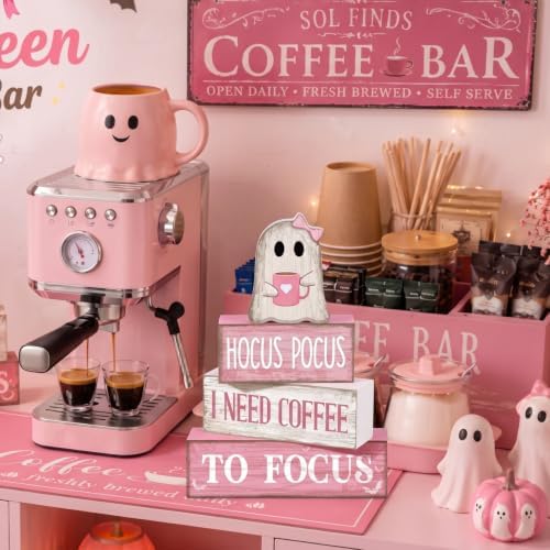 Moucuny 4 Pcs Pink Halloween Table Decor Ghost Wooden Stacked Block Decor - Image 4