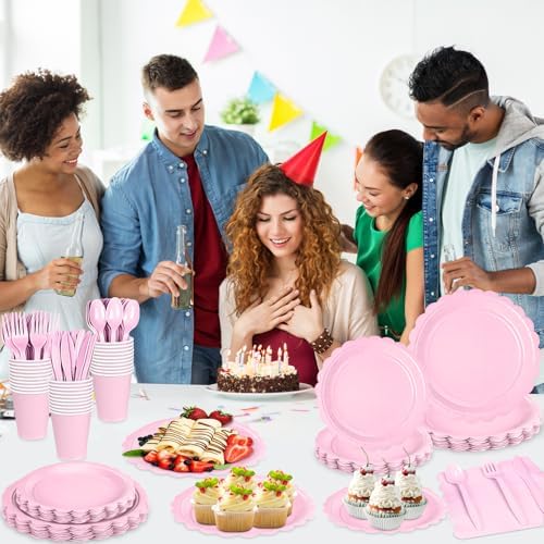 WNINK 175 PCS Light Pink Scalloped Plates and Napkins, Pink Disposable Plates Set with Napkins Cups Plastic Spoons Forks Knives for Birthday Baby Shower Gender Reveal Party Supplies Serve 25 Guests - Image 2