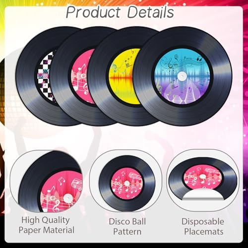 60PCS Record Paper Placemats Disposable 13.7 Inch Rock and Roll Vinyl Record Place Mats Vintage Musical Theme Round Table Mats for Dinner Table Decor Birthday 50s Theme Rock Music Party Supplies - Image 3