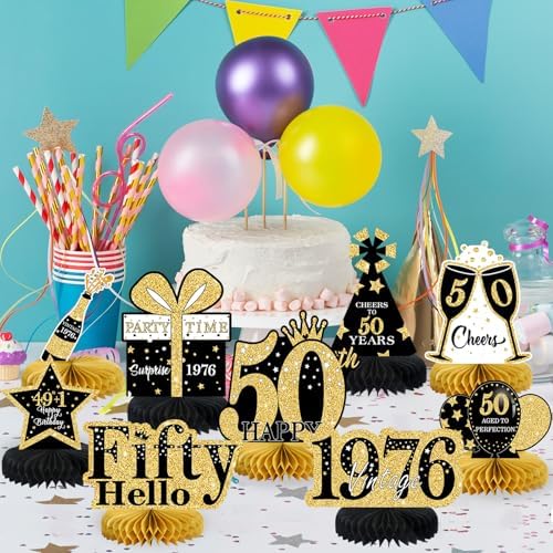 9 Pcs 50th Birthday Decorations Honeycomb Centerpieces for Women Men, Black Gold 1976 Aged to Perfection Vintage Centerpieces for Tables Toppers,Fifty Years Party Decorations Supplies - Image 4