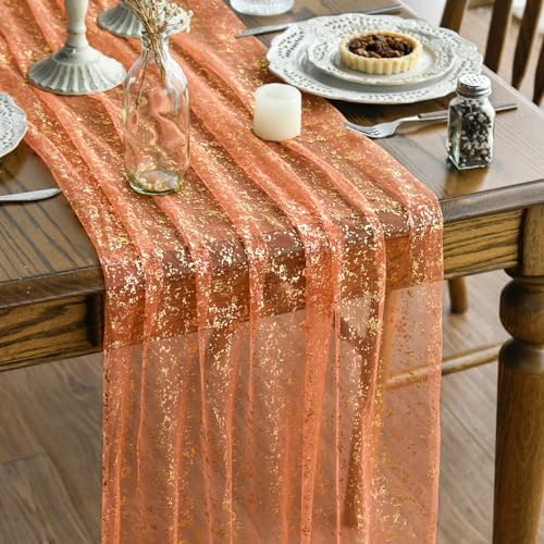Artoid Mode 3PCS Orange Gold Gauze Table Runner 120 Inch 10FT, Glitter Metallic Foil Sheer Dining Wedding Anniversary Holiday Table Decor for Home Party by ArtoidMode