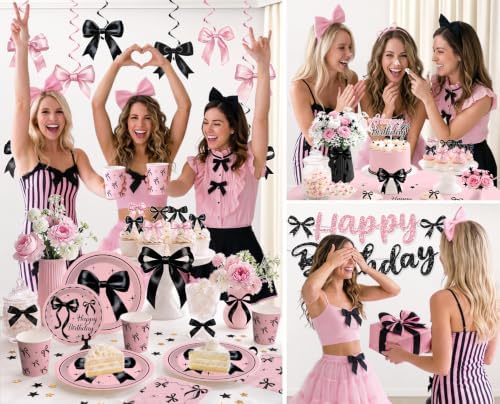 213pcs Pink and Black Bow Birthday Decorations, Serves 25 - Image 7