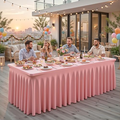 Wish Care 6 Pack Dusty Rose Spandex Table Clothes for 8 Foot Rectangle Tables, 8FT Wrinkle Free Fitted Tablecloths Ruffles Design Table Cloth for Party, Banquet, Wedding and Events - Image 4