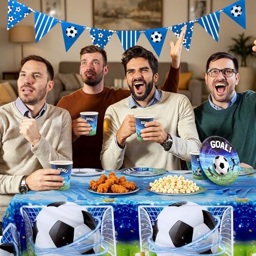 Kochorie 170 Pieces Soccer Birthday Party Decorations Soccer Paper Plates Napkins Cups Cutlery Tablecloth Triangle Flags Banner for Sports Themed Birthday Party Supplies, Serve 24 Guests - Image 6