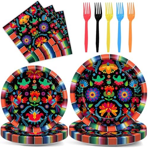 100PCS Mexican Fiesta Party Plates and Napkins Party Supplies Day of The Dead Mexico Mexican Tableware Dinnerware Set Decorations for Dia De Los Muertos Mayo Dance Pinata Colorful Ponchos Serves 25 by Qyeahkj