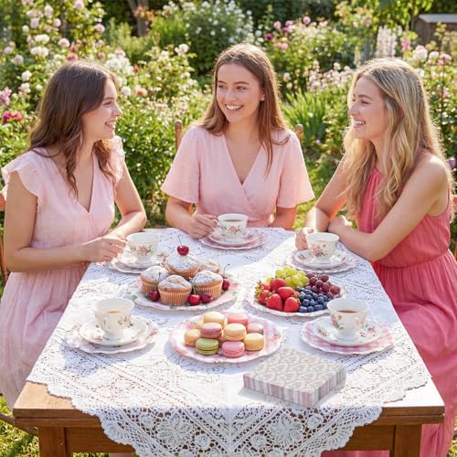 NatNarr 50 Set Pink Floral Plates and Napkins Fancy Tea Party Decor - Image 5