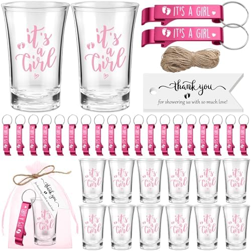 50 Sets Baby Shower Favors Shot Glasses Keychain Gifts, Gender, Pink by Singhoow