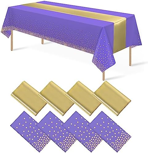 8Pack Disposable Plastic Tablecloths and Satin Table Runner Set Purple and Gold Dot Tablecloth Gold Satin Table Runner for Wedding Birthday Baby Shower Anniversary Christmas New Year Party Supplies by MASHAN