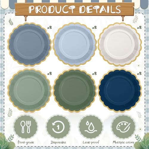48 Pcs Dusty Blue Sage Green Paper Plates 9 Inch Green Blue Scalloped Paper Disposable Dinner Dessert Plates for Birthday Wedding Bridal Party Supplies, 6 Colors - Image 4