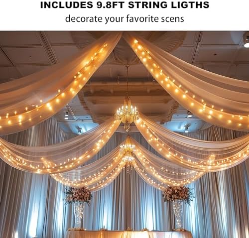 Dark Champagne Ceiling Drapes with Lights String for Weddings, 6 Panels 5ftx10ft Sheer Tulle Backdrop Photo Background Drapes for Wedding Ceremony Birthday Party Arch Decoration - Image 3