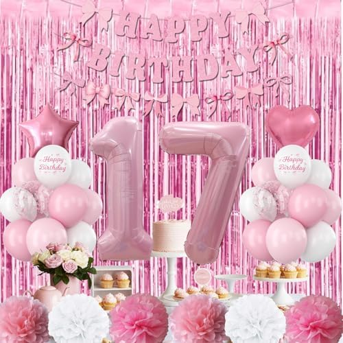 17th Birthday Decorations Girls Pink Number 17 Balloon Bow Coquette Party - Image 2