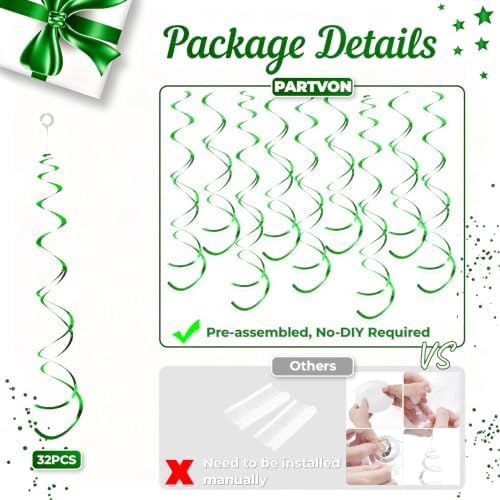 32 PCS Green Hanging Swirl, Sparkle Ceiling Hanging Decorations, Plastic Streamer Party Decorations for Birthday, St Patrick's Day, Jungle Theme, Easter, Nature Party - Image 3