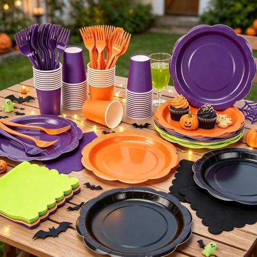 192Pcs Purple Orange Balck Plates and Napkins Party Supplies, Disposable 9’’ Scalloped Halloween Paper Plates Cups Napkins Forks Party Decorations for Birthday, Serves 48 - Image 5