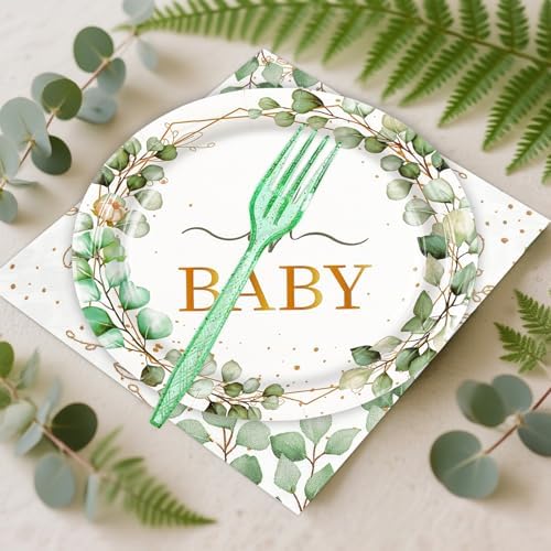 72pcs Oh Baby Eucalyptus Paper Plates and Napkins Set, 7inch Sage Greenery Baby Shower Party Plate Decorations Disposable Green Leaf Party Supplies for Boys or Girls Gender Reveal Birthday Baby Shower - Image 2