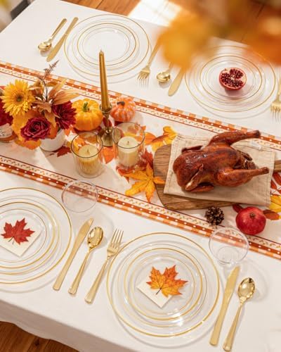 bUCLA 300Pcs Clear Gold Plastic Disposable Dinnerware Set - Clear Plates with Gold Trim Include 50 Dinner / 50 Dessert Plates,50 Cups,150 Plastic Silverware Set for Party - Image 6