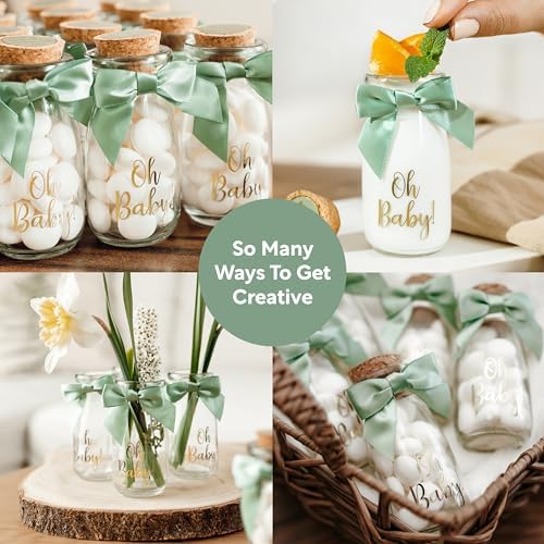 Ethisa Vintage 24 Pack Oh Baby Woodland Milk Glass Bottles with Ribbons and Stickers - Classy Baby Shower Favors for Guests and Table Centerpieces - Gender Neutral Eucalyptus Decoration - Safari Theme - Image 3