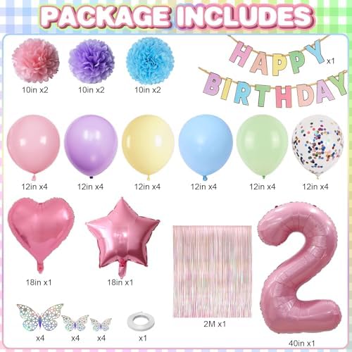 Pastel 2nd Birthday Colorful Party Decorations Girls Pink Number 2 Balloon - Image 2
