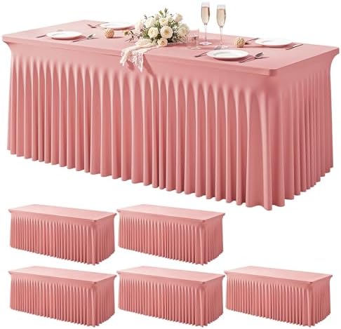 Wish Care 6 Pack Dusty Rose Spandex Table Clothes for 8 Foot Rectangle Tables, 8FT Wrinkle Free Fitted Tablecloths Ruffles Design Table Cloth for Party, Banquet, Wedding and Events by WishCare