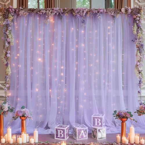 20x10ft Purple Tulle Backdrop Curtain with Lights String for Parites, Sheer Backdrop Curtains for Wedding Baby Shower Birthday Party Photo Shoot Decorations - Image 2
