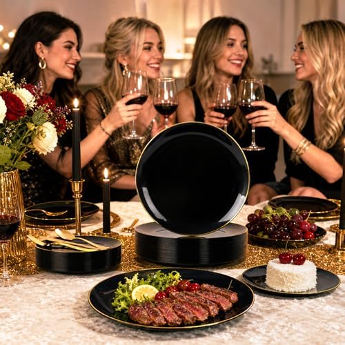 YOUBET 125PCS Black Plastic Plates with Gold Rim for Halloween - Image 5