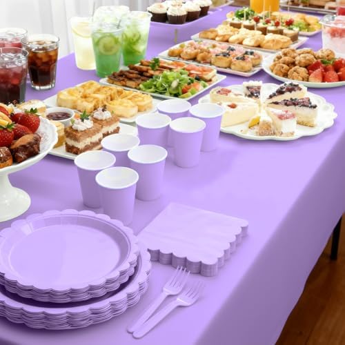 176 PCS Purple Party Decorations - Light Purple Scalloped Plates, Napkins, Cups, Cutlery, Tablecloth for Baby Shower, Wedding, Lavender Birthday Decorations, Serves 25 - Image 7