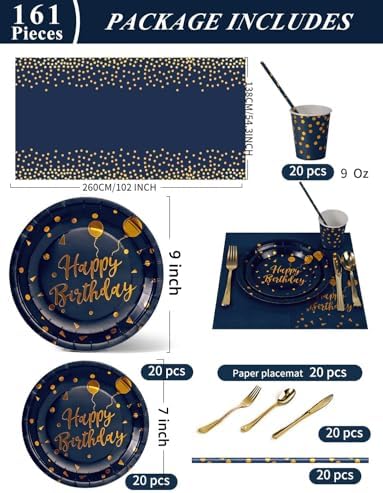 Nkaiso 161 Pcs Navy Blue Gold Birthday Plates and Napkins Set -20 Serves - Image 3