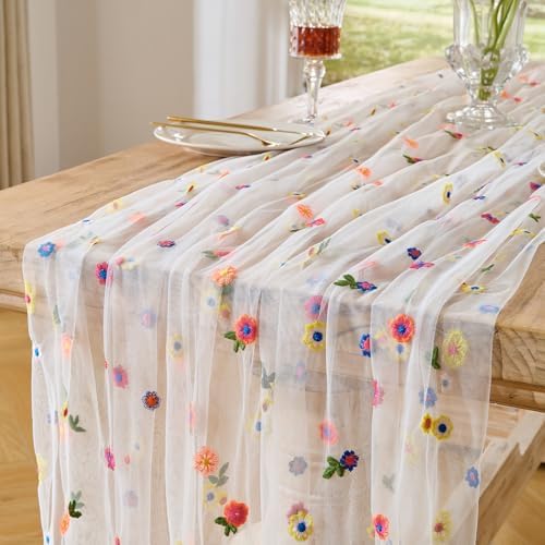 BINBE 3pcs Ivory Daisy Spring Table Runner Embroidery Gauze 10FT Florals Seasonal Tulle Holiday Birthday Kitchen Dining Table Decor for Home Party by BINBE
