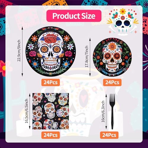 96 Pieces Day of the Dead Tableware Set - Mexican Sugar Skull Pattern Disposable Plates, Napkins, and Forks for Dia de los Muertos, Halloween, Fiesta, and Cultural Celebrations – Serves 24 - Image 2