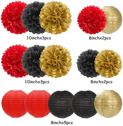 Red-Black Gold Party-Decorations Paper Flowers Lanterns - 15PCS Casino Theme Halloween Tissue Pom Poms Streamers,Game Night Women Men Birthday Wedding Bachelorette Hanging Supplies Decor Hugfond - Image 2