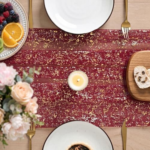 Artoid Mode 10Pcs Burgundy Gauze Gold Table Runner 10FT, Glitter Metallic Foil Sheer Dining Wedding Anniversary Holiday Table Decor for Home Party - Image 3
