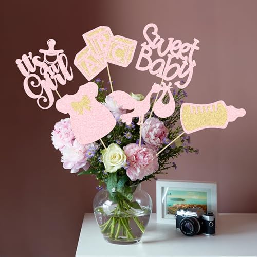 Gyufise 12Pcs Baby Shower Centerpiece Sticks Glitter Tie Onesie Oh Baby Gender Reveal It's a Girl Table Centerpiece Sticks for Baby Shower Gender Reveal Kids Birthday Party Supplies Light Pink - Image 4
