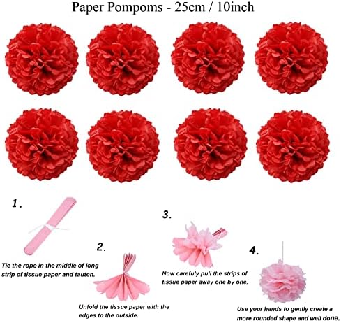 ZERODECO Party Decoration, 21 Pcs Red Hanging Paper Fans Pom Poms Flowers, Garlands String and Triangle Bunting Flags for Birthday Parties Baby Showers Wedding - Image 4
