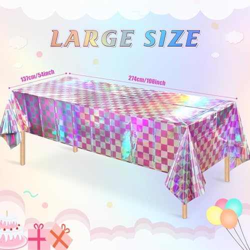 6 Pack Pink and Iridescent Checkered Plastic Tablecloth, Shiny Disposable Laser Rectangle Table Covers, Holographic Foil Tablecloth Iridescent Party Decorations for Picnic Camping Outdoor, 54x108Inch - Image 2
