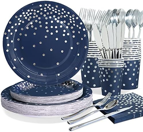 168Pcs Navy Blue Plates and Napkins Party Supplies, Navy Blue Paper Plates Serve 24, blue and Silver Party Decorations, for Fathers Day, Graduation, 4th of July, Hanukkah Party by Gudvilla