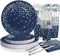 168Pcs Navy Blue Plates and Napkins Party Supplies, Navy Blue Paper Plates Serve 24, blue and Silver Party Decorations, for Fathers Day, Graduation, 4th of July, Hanukkah Party by Gudvilla