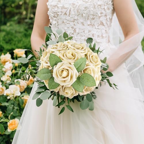 AmyHomie Beige Rose 25pcs Real Looking Artificial Flowers w/Stem - Image 2