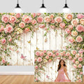 8X8ft Pink Roses Floral Backdrop Rustic Wooden Flowers Butterfly Photography Background Romantic Elegant Garden Wedding Bridal Shower Birthday Party Decorations Banner Studio Photo Booth Props by NYMB