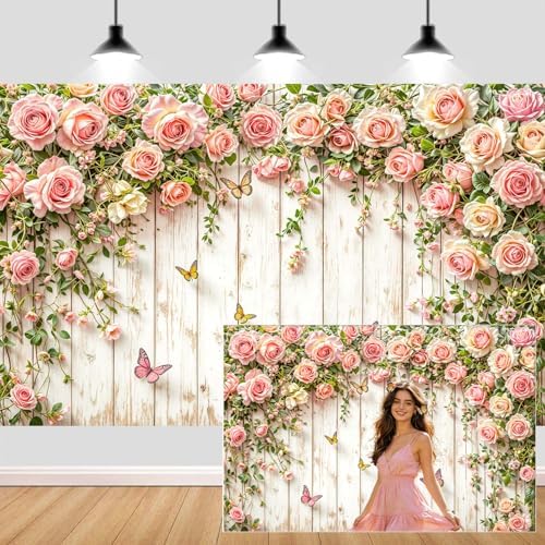 8X8ft Pink Roses Floral Backdrop Rustic Wooden Flowers Butterfly Photography Background Romantic Elegant Garden Wedding Bridal Shower Birthday Party Decorations Banner Studio Photo Booth Props by NYMB