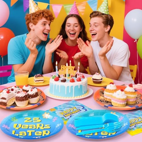 GaofanWai Ocean Yellow 25th Birthday Tableware - 96PCS Pineapple Party Paper Plate Set for Adult, 25 Years Later Ocean Sea Disposable Dinnerware Paper Napkin Fork for Yellow Birthday Party Decorations - Image 3