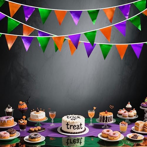 Halloween Party Decorations Metallic Fabric Green Orange Purple Triangle Pennant Banner Flag Bunting for Trick or Treat Spooky Hey Boo Happy Halloween Holiday Birthday Baby Shower Party Supplies - Image 5