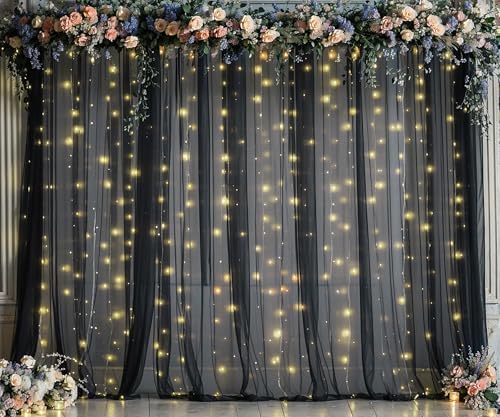 Black Tulle Backdrop Curtain with Lights String for Parites 20ft×8ft Black Sheer Backdrop Curtains for Baby Shower Wedding Bridal Shower Birthday Party Photo Shoot Decorations(4 Panels 5×8ft) by Suppromo