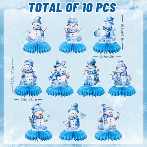 Whaline 10Pcs Winter Honeycomb Centerpieces Blue Watercolor Snowman Honeycomb Decor Winter 3D Table Decoration for Xmas Holiday Birthday Party Supplies - Image 2